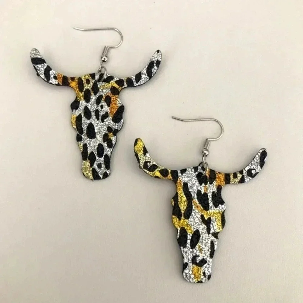 3 for $25/ Longhorn Leopard Print Metallic Faux Leather Die-Cut Earrings NWT